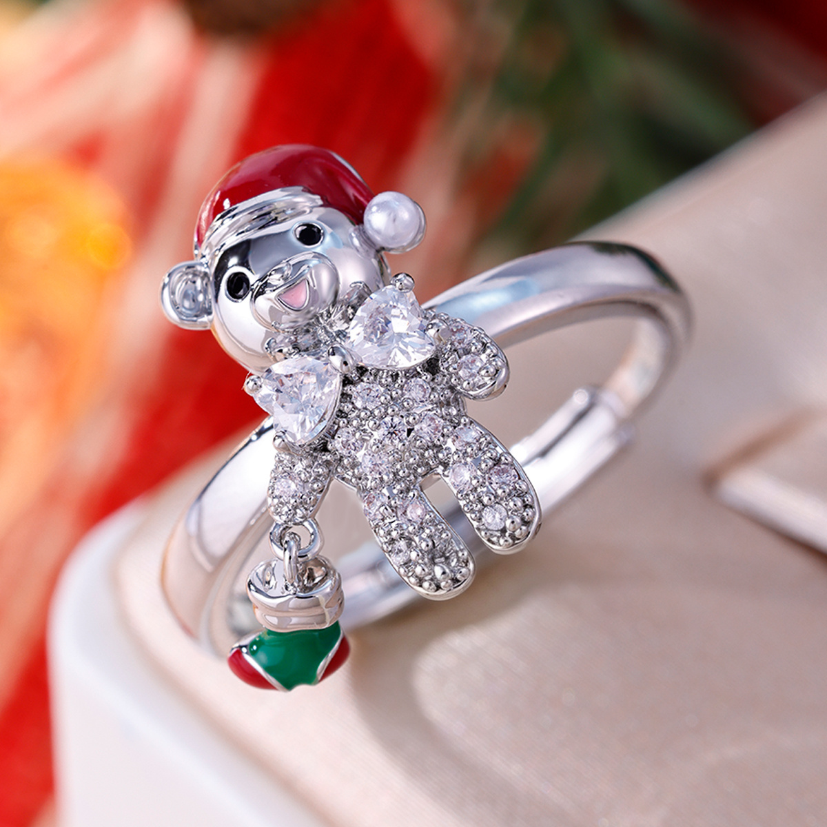 Women's Red Enamel Santa Hat Ring with Zirconia